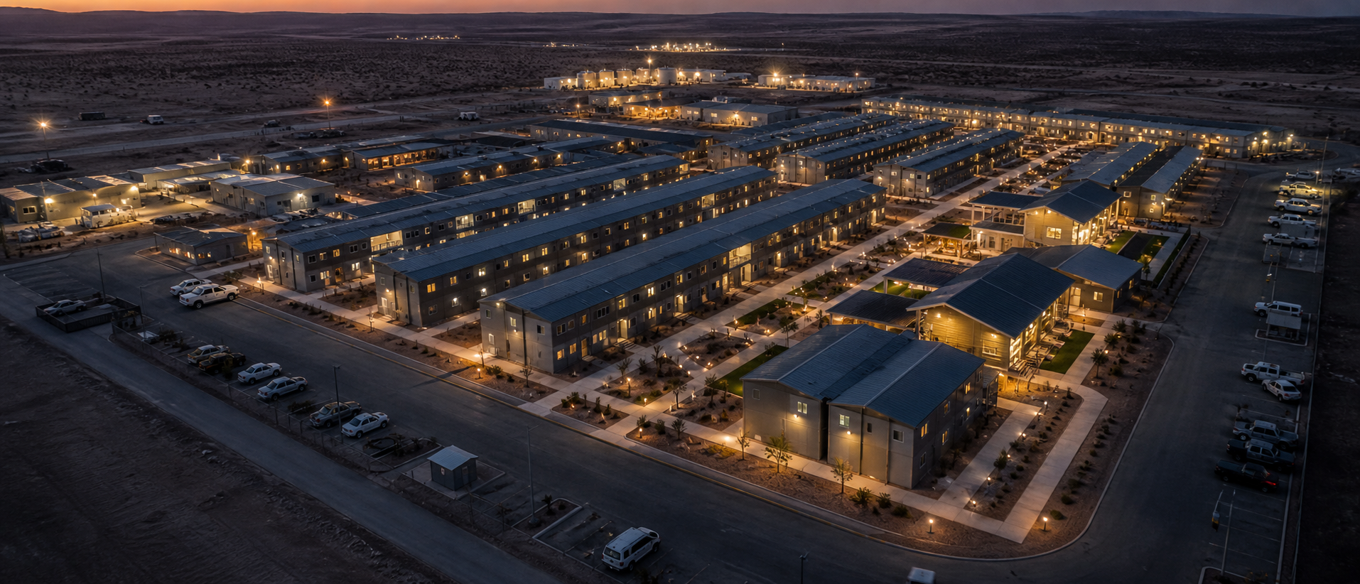Aerial view of a modular workforce accommodation camp